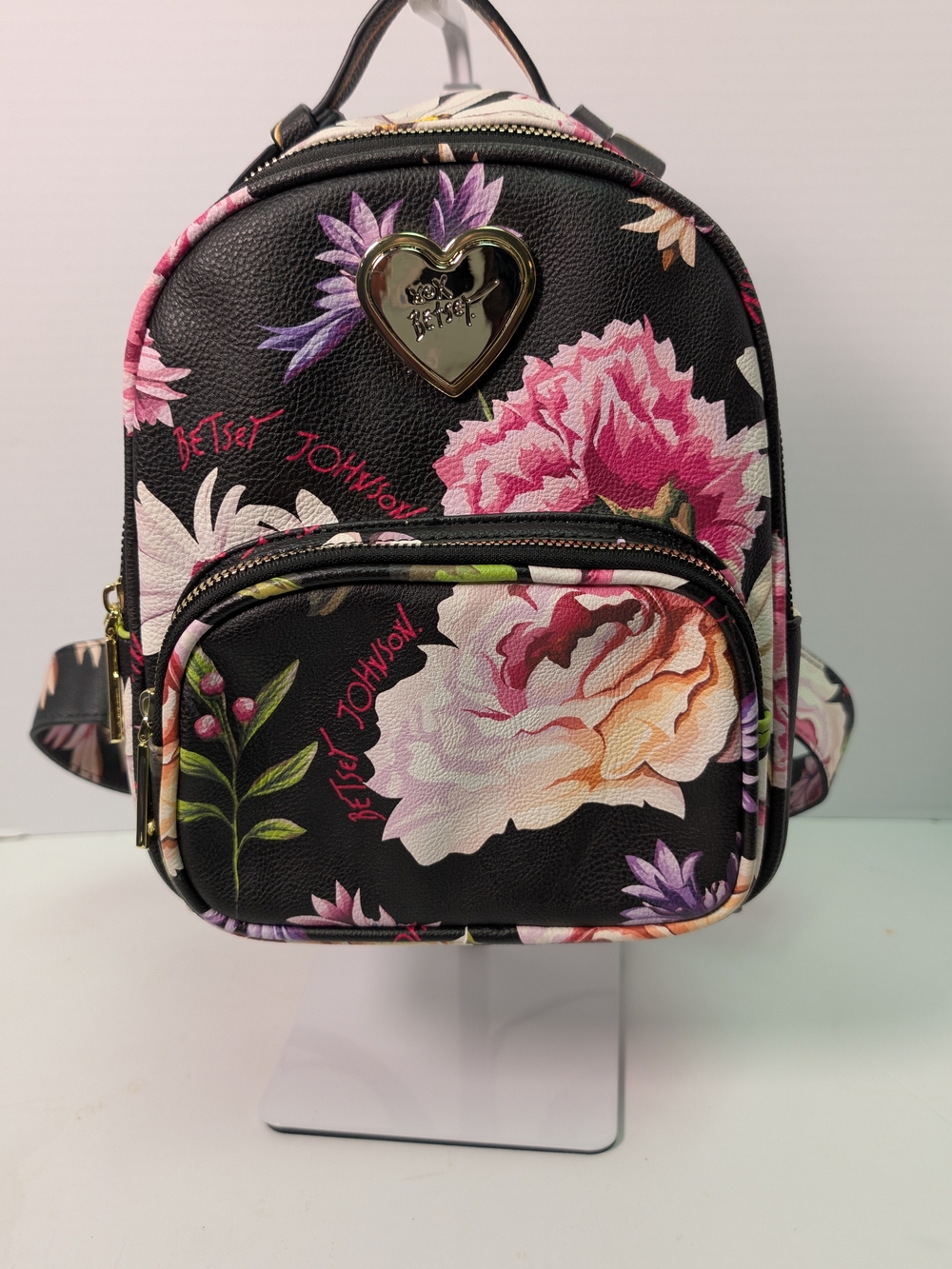 Betsey Johnson Black Floral Heart-Accent Mini Backpack